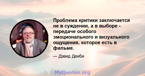 Проблема критики заключается не в суждении, а в выборе - передаче особого эмоционального и визуального ощущения, которое есть в фильме.