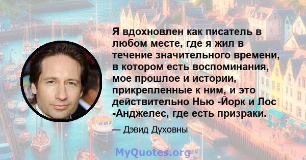 Я вдохновлен как писатель в любом месте, где я жил в течение значительного времени, в котором есть воспоминания, мое прошлое и истории, прикрепленные к ним, и это действительно Нью -Йорк и Лос -Анджелес, где есть