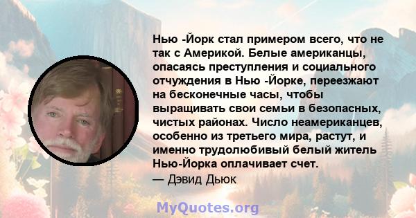 Нью -Йорк стал примером всего, что не так с Америкой. Белые американцы, опасаясь преступления и социального отчуждения в Нью -Йорке, переезжают на бесконечные часы, чтобы выращивать свои семьи в безопасных, чистых