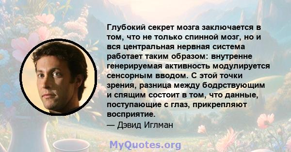 Глубокий секрет мозга заключается в том, что не только спинной мозг, но и вся центральная нервная система работает таким образом: внутренне генерируемая активность модулируется сенсорным вводом. С этой точки зрения,