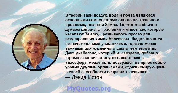 В теории Гайи воздух, вода и почва являются основными компонентами одного центрального организма, планеты Земля. То, что мы обычно думаем как жизнь - растения и животные, которые населяют Землю, - развивалось просто для 