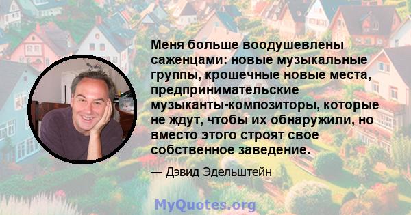 Меня больше воодушевлены саженцами: новые музыкальные группы, крошечные новые места, предпринимательские музыканты-композиторы, которые не ждут, чтобы их обнаружили, но вместо этого строят свое собственное заведение.