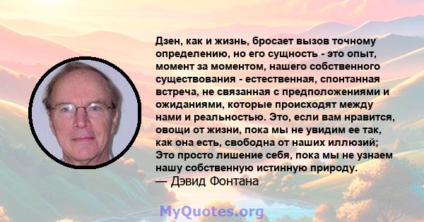 Дзен, как и жизнь, бросает вызов точному определению, но его сущность - это опыт, момент за моментом, нашего собственного существования - естественная, спонтанная встреча, не связанная с предположениями и ожиданиями,