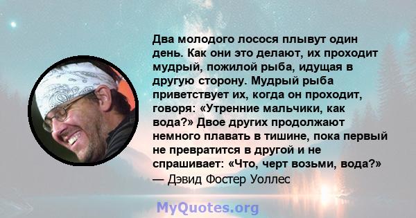 Два молодого лосося плывут один день. Как они это делают, их проходит мудрый, пожилой рыба, идущая в другую сторону. Мудрый рыба приветствует их, когда он проходит, говоря: «Утренние мальчики, как вода?» Двое других