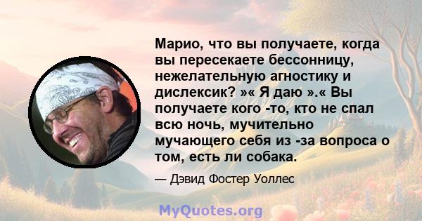 Марио, что вы получаете, когда вы пересекаете бессонницу, нежелательную агностику и дислексик? »« Я даю ».« Вы получаете кого -то, кто не спал всю ночь, мучительно мучающего себя из -за вопроса о том, есть ли собака.