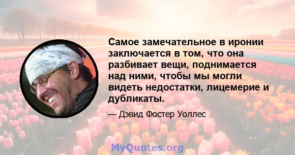 Самое замечательное в иронии заключается в том, что она разбивает вещи, поднимается над ними, чтобы мы могли видеть недостатки, лицемерие и дубликаты.