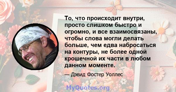 То, что происходит внутри, просто слишком быстро и огромно, и все взаимосвязаны, чтобы слова могли делать больше, чем едва набросаться на контуры, не более одной крошечной их части в любом данном моменте.