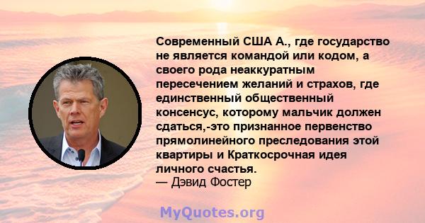 Современный США А., где государство не является командой или кодом, а своего рода неаккуратным пересечением желаний и страхов, где единственный общественный консенсус, которому мальчик должен сдаться,-это признанное