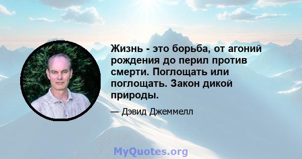 Жизнь - это борьба, от агоний рождения до перил против смерти. Поглощать или поглощать. Закон дикой природы.