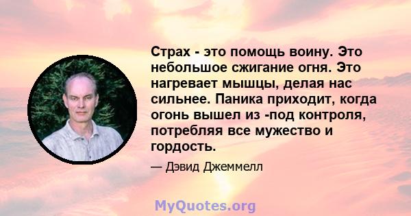 Страх - это помощь воину. Это небольшое сжигание огня. Это нагревает мышцы, делая нас сильнее. Паника приходит, когда огонь вышел из -под контроля, потребляя все мужество и гордость.