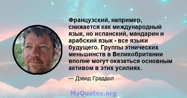 Французский, например, снижается как международный язык, но испанский, мандарин и арабский язык - все языки будущего. Группы этнических меньшинств в Великобритании вполне могут оказаться основным активом в этих усилиях.