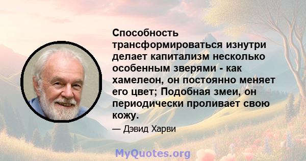 Способность трансформироваться изнутри делает капитализм несколько особенным зверями - как хамелеон, он постоянно меняет его цвет; Подобная змеи, он периодически проливает свою кожу.