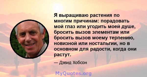 Я выращиваю растения по многим причинам: порадовать мой глаз или угодить моей душе, бросить вызов элементам или бросить вызов моему терпению, новизной или ностальгии, но в основном для радости, когда они растут.