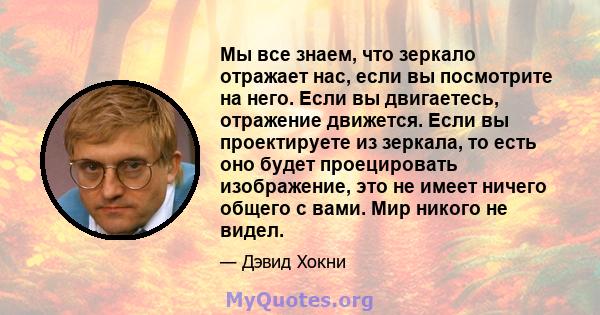 Мы все знаем, что зеркало отражает нас, если вы посмотрите на него. Если вы двигаетесь, отражение движется. Если вы проектируете из зеркала, то есть оно будет проецировать изображение, это не имеет ничего общего с вами. 