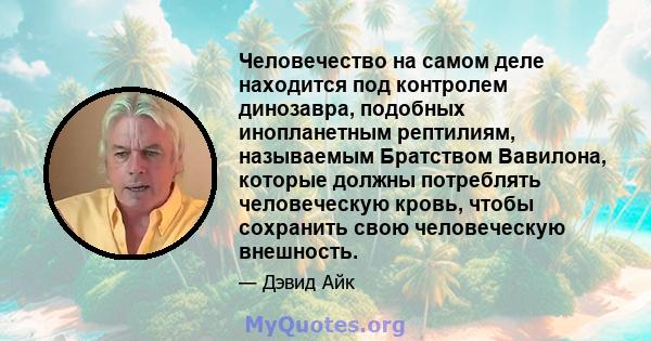 Человечество на самом деле находится под контролем динозавра, подобных инопланетным рептилиям, называемым Братством Вавилона, которые должны потреблять человеческую кровь, чтобы сохранить свою человеческую внешность.