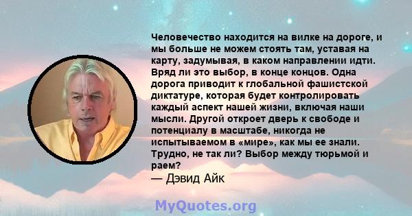 Человечество находится на вилке на дороге, и мы больше не можем стоять там, уставая на карту, задумывая, в каком направлении идти. Вряд ли это выбор, в конце концов. Одна дорога приводит к глобальной фашистской