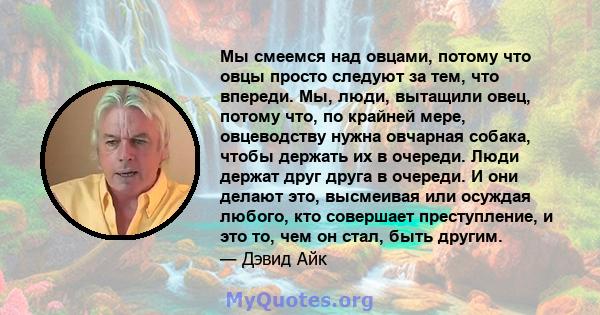 Мы смеемся над овцами, потому что овцы просто следуют за тем, что впереди. Мы, люди, вытащили овец, потому что, по крайней мере, овцеводству нужна овчарная собака, чтобы держать их в очереди. Люди держат друг друга в