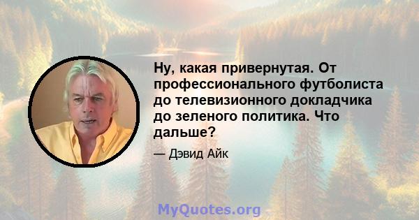 Ну, какая привернутая. От профессионального футболиста до телевизионного докладчика до зеленого политика. Что дальше?