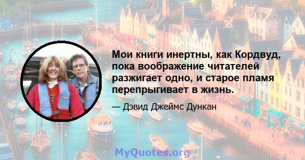 Мои книги инертны, как Кордвуд, пока воображение читателей разжигает одно, и старое пламя перепрыгивает в жизнь.