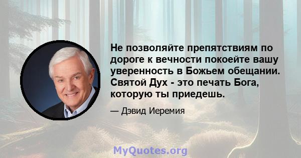 Не позволяйте препятствиям по дороге к вечности покоейте вашу уверенность в Божьем обещании. Святой Дух - это печать Бога, которую ты приедешь.