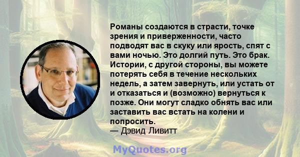 Романы создаются в страсти, точке зрения и приверженности, часто подводят вас в скуку или ярость, спят с вами ночью. Это долгий путь. Это брак. Истории, с другой стороны, вы можете потерять себя в течение нескольких