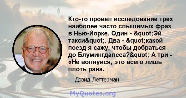 Кто-то провел исследование трех наиболее часто слышимых фраз в Нью-Йорке. Один - "Эй такси". Два - "какой поезд я сажу, чтобы добраться до Блумингдалеса?" А три - «Не волнуйся, это всего лишь плоть