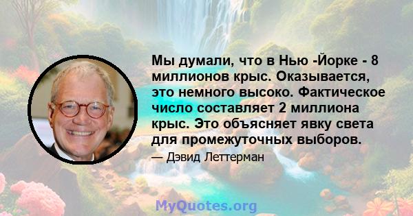 Мы думали, что в Нью -Йорке - 8 миллионов крыс. Оказывается, это немного высоко. Фактическое число составляет 2 миллиона крыс. Это объясняет явку света для промежуточных выборов.