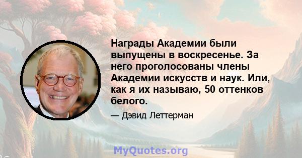 Награды Академии были выпущены в воскресенье. За него проголосованы члены Академии искусств и наук. Или, как я их называю, 50 оттенков белого.