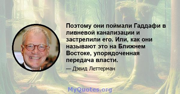 Поэтому они поймали Гаддафи в ливневой канализации и застрелили его. Или, как они называют это на Ближнем Востоке, упорядоченная передача власти.