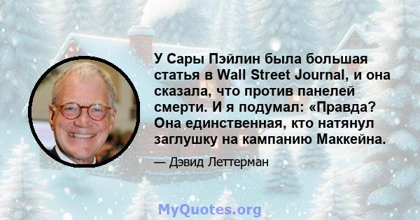 У Сары Пэйлин была большая статья в Wall Street Journal, и она сказала, что против панелей смерти. И я подумал: «Правда? Она единственная, кто натянул заглушку на кампанию Маккейна.