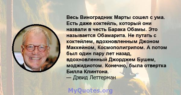 Весь Виноградник Марты сошел с ума. Есть даже коктейль, который они назвали в честь Барака Обамы. Это называется Обамарита. Не путать с коктейлем, вдохновленным Джоном Маккейном, Космополигрипом. А потом был один пару