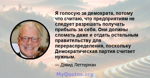 Я голосую за демократа, потому что считаю, что предприятиям не следует разрешать получать прибыль за себя. Они должны сломать даже и отдать остальным правительству для перераспределения, поскольку Демократическая партия 