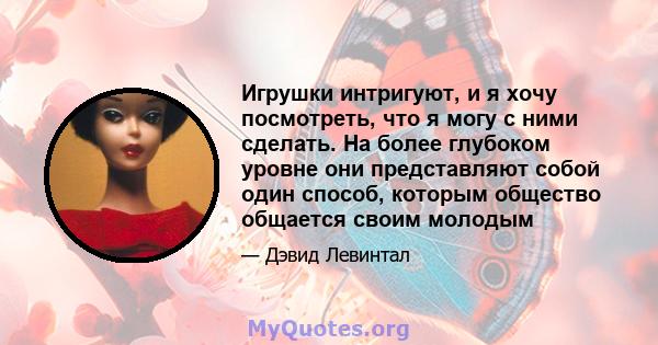 Игрушки интригуют, и я хочу посмотреть, что я могу с ними сделать. На более глубоком уровне они представляют собой один способ, которым общество общается своим молодым