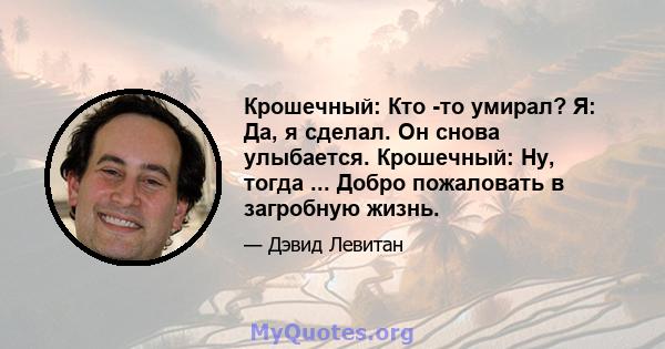 Крошечный: Кто -то умирал? Я: Да, я сделал. Он снова улыбается. Крошечный: Ну, тогда ... Добро пожаловать в загробную жизнь.