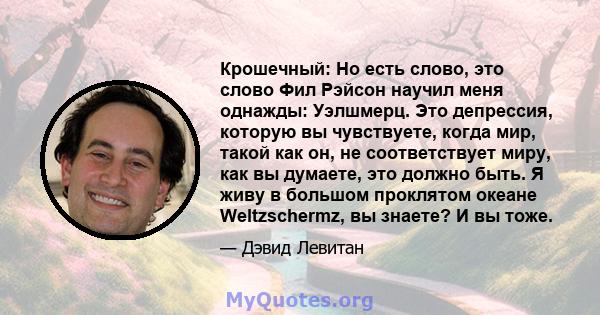 Крошечный: Но есть слово, это слово Фил Рэйсон научил меня однажды: Уэлшмерц. Это депрессия, которую вы чувствуете, когда мир, такой как он, не соответствует миру, как вы думаете, это должно быть. Я живу в большом