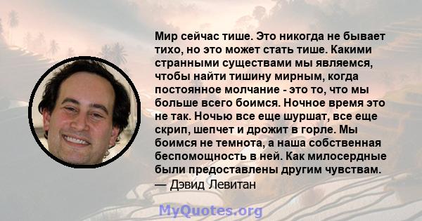 Мир сейчас тише. Это никогда не бывает тихо, но это может стать тише. Какими странными существами мы являемся, чтобы найти тишину мирным, когда постоянное молчание - это то, что мы больше всего боимся. Ночное время это