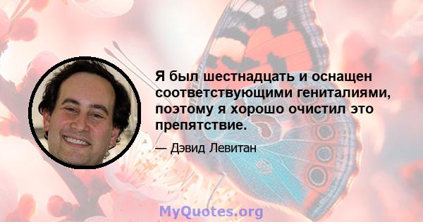 Я был шестнадцать и оснащен соответствующими гениталиями, поэтому я хорошо очистил это препятствие.