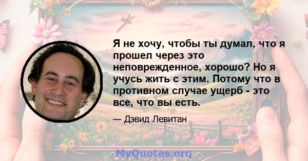 Я не хочу, чтобы ты думал, что я прошел через это неповрежденное, хорошо? Но я учусь жить с этим. Потому что в противном случае ущерб - это все, что вы есть.