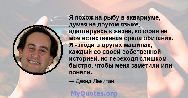 Я похож на рыбу в аквариуме, думая на другом языке, адаптируясь к жизни, которая не моя естественная среда обитания. Я - люди в других машинах, каждый со своей собственной историей, но переходя слишком быстро, чтобы