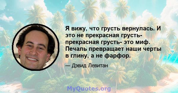 Я вижу, что грусть вернулась. И это не прекрасная грусть- прекрасная грусть- это миф. Печаль превращает наши черты в глину, а не фарфор.