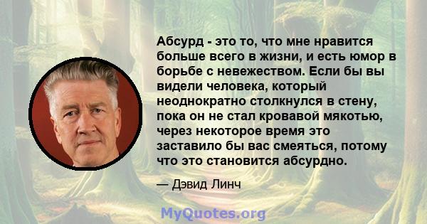 Абсурд - это то, что мне нравится больше всего в жизни, и есть юмор в борьбе с невежеством. Если бы вы видели человека, который неоднократно столкнулся в стену, пока он не стал кровавой мякотью, через некоторое время