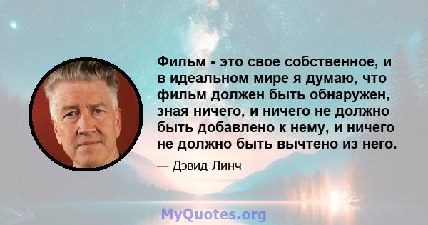 Фильм - это свое собственное, и в идеальном мире я думаю, что фильм должен быть обнаружен, зная ничего, и ничего не должно быть добавлено к нему, и ничего не должно быть вычтено из него.