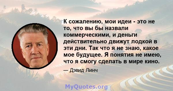 К сожалению, мои идеи - это не то, что вы бы назвали коммерческими, и деньги действительно движут лодкой в ​​эти дни. Так что я не знаю, какое мое будущее. Я понятия не имею, что я смогу сделать в мире кино.