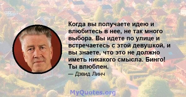 Когда вы получаете идею и влюбитесь в нее, не так много выбора. Вы идете по улице и встречаетесь с этой девушкой, и вы знаете, что это не должно иметь никакого смысла. Бинго! Ты влюблен.