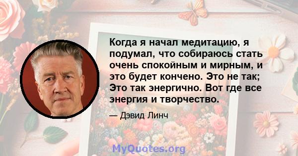 Когда я начал медитацию, я подумал, что собираюсь стать очень спокойным и мирным, и это будет кончено. Это не так; Это так энергично. Вот где все энергия и творчество.