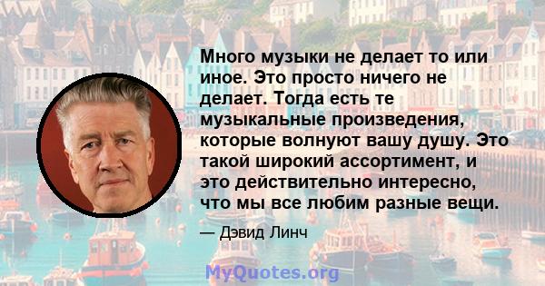 Много музыки не делает то или иное. Это просто ничего не делает. Тогда есть те музыкальные произведения, которые волнуют вашу душу. Это такой широкий ассортимент, и это действительно интересно, что мы все любим разные