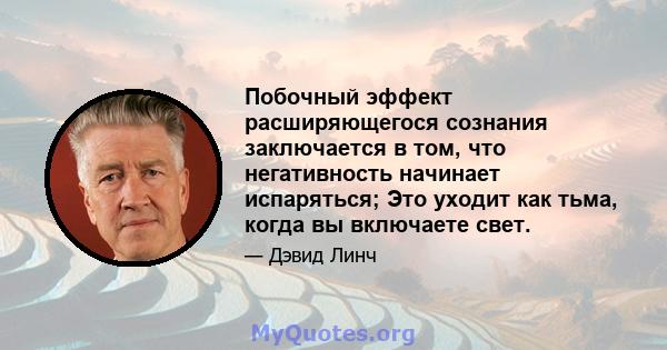 Побочный эффект расширяющегося сознания заключается в том, что негативность начинает испаряться; Это уходит как тьма, когда вы включаете свет.