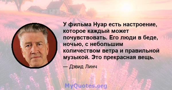 У фильма Нуар есть настроение, которое каждый может почувствовать. Его люди в беде, ночью, с небольшим количеством ветра и правильной музыкой. Это прекрасная вещь.