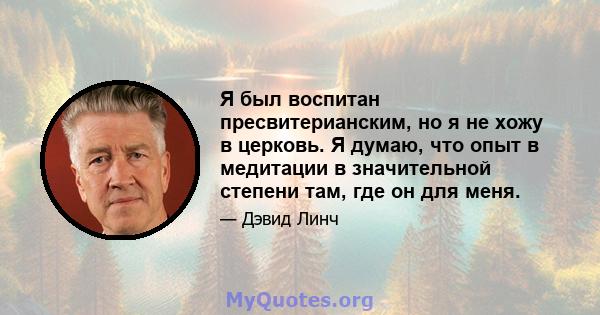 Я был воспитан пресвитерианским, но я не хожу в церковь. Я думаю, что опыт в медитации в значительной степени там, где он для меня.