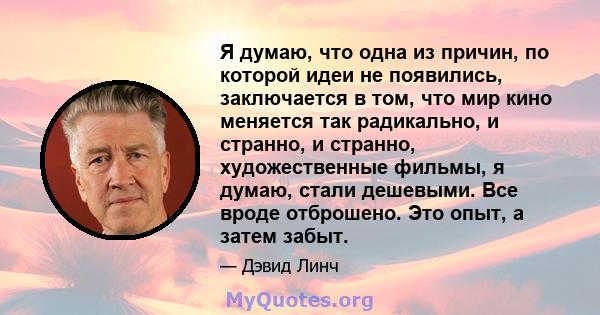 Я думаю, что одна из причин, по которой идеи не появились, заключается в том, что мир кино меняется так радикально, и странно, и странно, художественные фильмы, я думаю, стали дешевыми. Все вроде отброшено. Это опыт, а